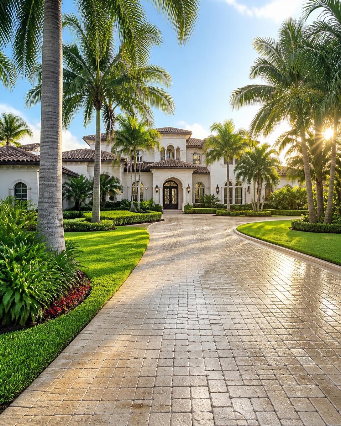Freshly edged coral-stone driveway framed by royal palms at an upscale South Florida estate